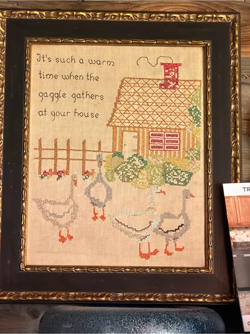 Vintage Cross Stitch   Hand -Embroidered 'Gaggle Gathers' Home Art -